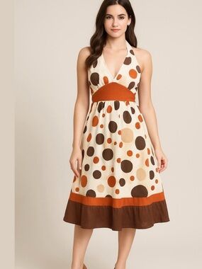Anthropologie Cream Polka Dot Halter Midi Dress with Brown and Rust Accents